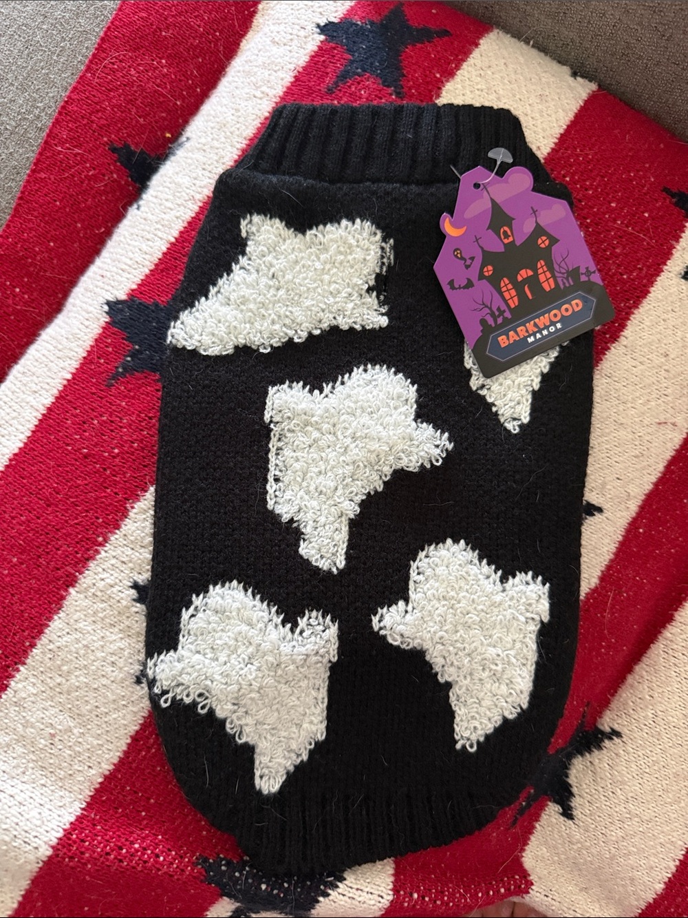 Barkwood Black Sweater with White Fuzzy Halloween Ghost Dog Sweater – XS 👻